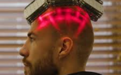 Profile of a man wearing a red-light therapy helmet on his head.