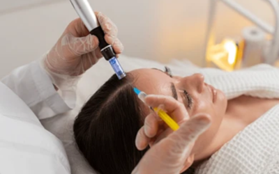 Healthcare professional in gloves administers a facial injection into a woman's forehead as she lies in a hospital bed.