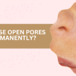 Banner about closing open facial pores; close-up of a nose with visible pores on a pink background and a tan text band reading 'How to close open pores on face permanently?'