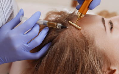 Medical professional with blue gloves administering injections into a patient's scalp during a cosmetic treatment.