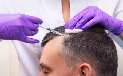 Clinician in purple gloves administering injections to a man's scalp during a hair-treatment procedure.