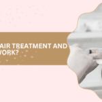 Article banner for a hair treatment article; clinician applies treatment to a patient’s scalp on the right, with pink and tan decorative background and the heading about GFC treatment.