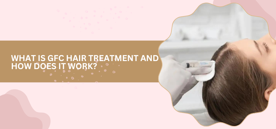 Article banner for a hair treatment article; clinician applies treatment to a patient’s scalp on the right, with pink and tan decorative background and the heading about GFC treatment.