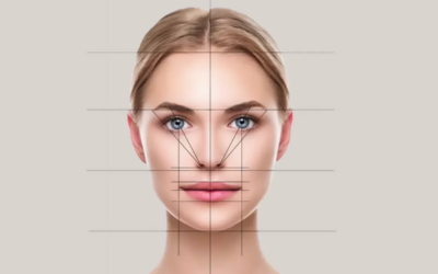 Front-facing portrait of a woman with horizontal and vertical alignment lines across the face, illustrating facial symmetry and proportions.