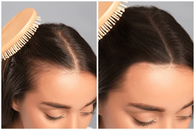Two-panel close-up of a woman brushing her dark hair with a wooden brush, showing different brush positions near a middle-parted scalp.