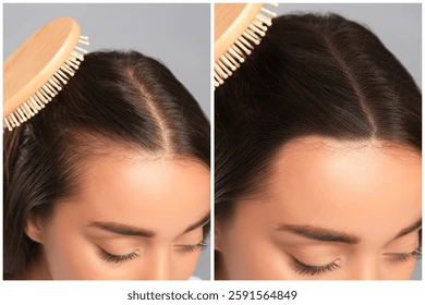 Side-by-side close-up of a woman's head showing hair being brushed; left panel with a center part, right panel after combing.