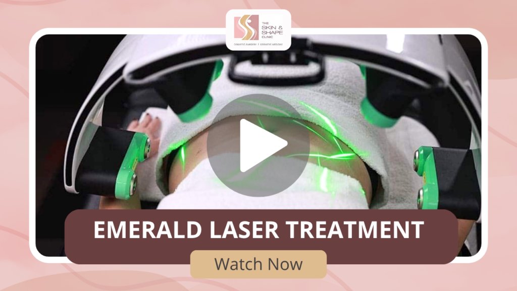 Video thumbnail of emerald laser treatment in progress; overlay text 'EMERALD LASER TREATMENT' and a 'Watch Now' button.