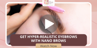 Video thumbnail: close-up of an eye with a groomed eyebrow, advertising hyper-realistic nano brows; play button centered.