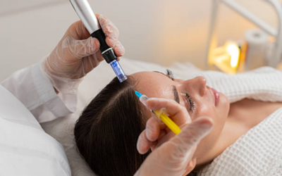 Microneedling with PRP _ GFC Dermatologist uses a handheld device on a woman's forehead during a cosmetic procedure.