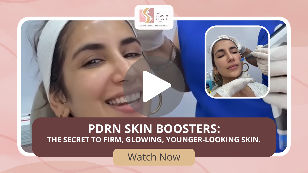 PDRN Skin boosters_ The secret to firm, glowing, younger-looking skin Video thumbnail promoting PDRN Skin Boosters treatment for firmer, younger-looking skin, showing a smiling client during a facial procedure.