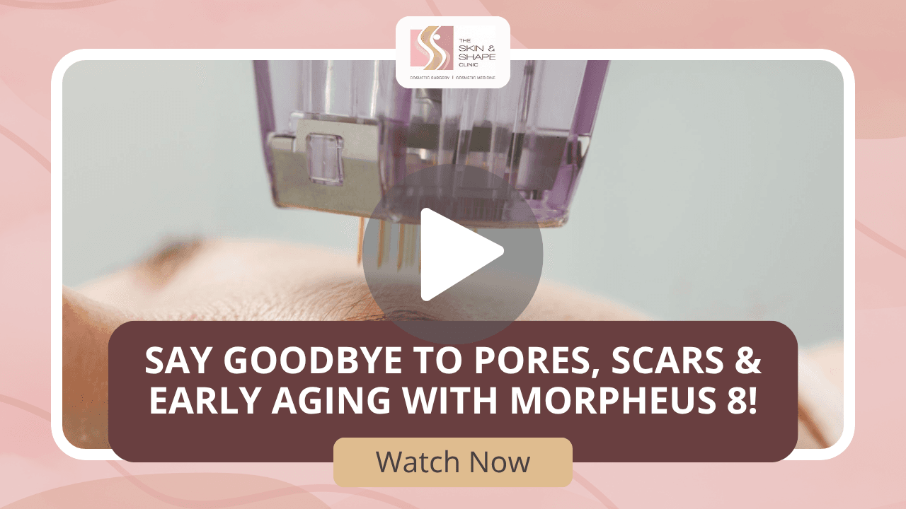 Say Goodbye to Pores, Scars & Early Aging with Morpheus 8! Video thumbnail promoting Morpheus 8 treatment to reduce pores, scars and early aging, with a play button and Watch Now CTA.