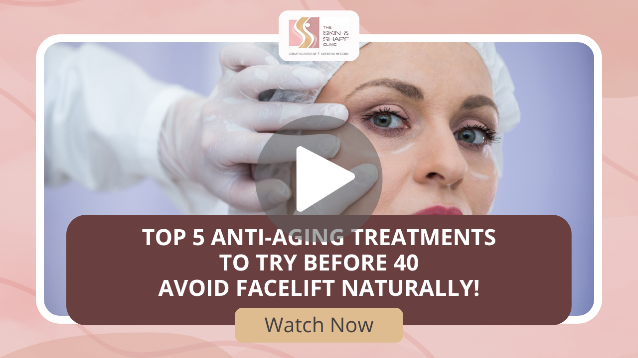 Top 5 Anti-Aging Treatments to Try Before 40 Avoid Facelift Naturally! Video thumbnail showing a woman's face during a facial treatment with a play button and overlay text about top 5 anti-aging treatments to try before 40 and avoid facelifts naturally.