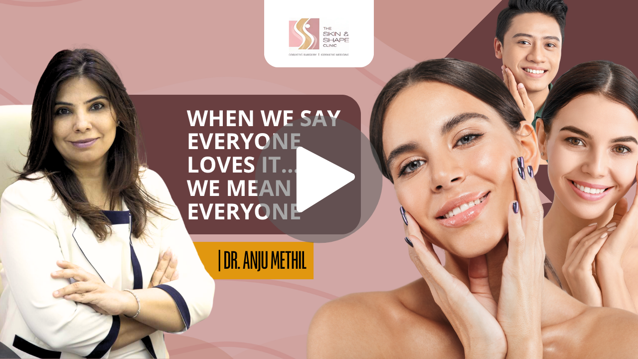 Promotional banner for The Skin & Shape Clinic with Dr. Anju Methil, smiling models, clinic logo, and a play button overlay