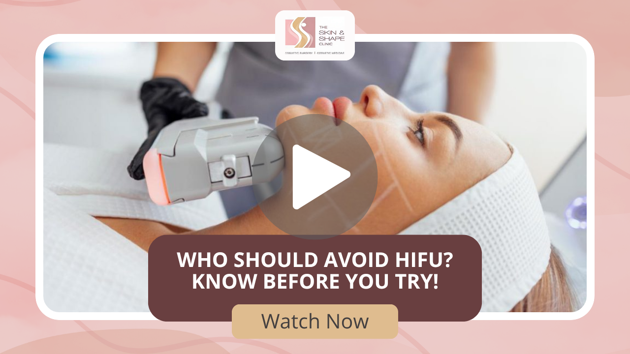 Who Should Avoid HIFU_ _ Know Before You Try! Video thumbnail for a skincare clinic: a patient undergoing a HIFU treatment device on the face, with text about avoiding HIFU and a 'Watch Now' button.