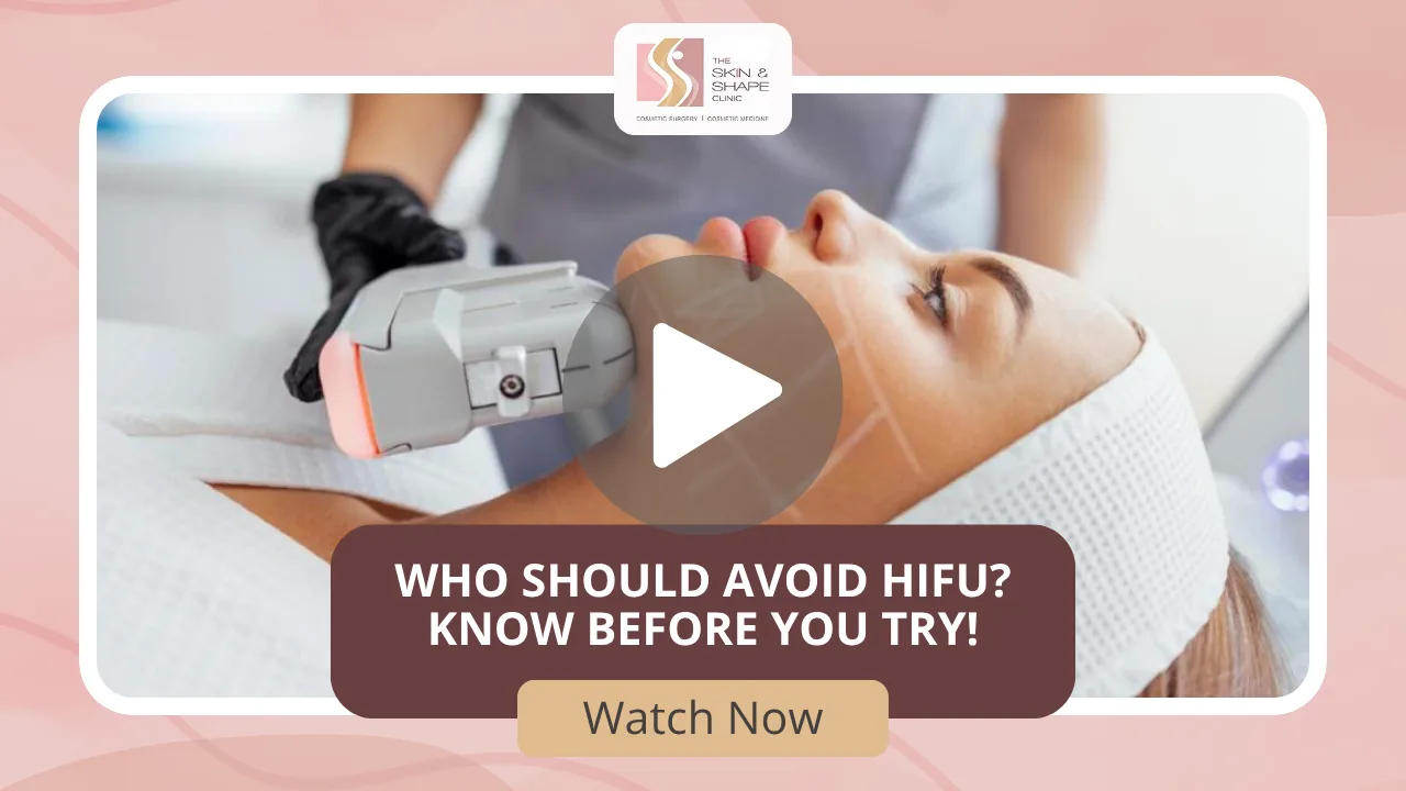 Who Should Avoid HIFU_ _ Know Before You Try! Video thumbnail for a skincare clinic: a patient undergoing a HIFU treatment device on the face, with text about avoiding HIFU and a 'Watch Now' button.