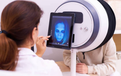 â_¢ Step 1_ Detailed consultation Medical professional using a tablet to view a blue face scan beside an MRI machine.