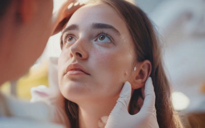 1. Consultation and Skin Assessment Close-up of a healthcare professional with gloved hands examining a young woman's face, tilting her head slightly upward.