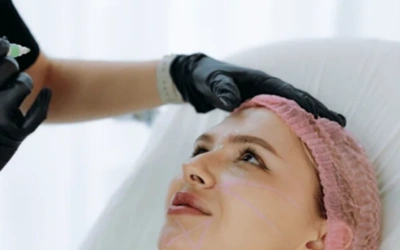 2. Treatment Planning Close-up of a woman receiving a facial treatment as a clinician in gloves works on her forehead with a pink headband on her hair.