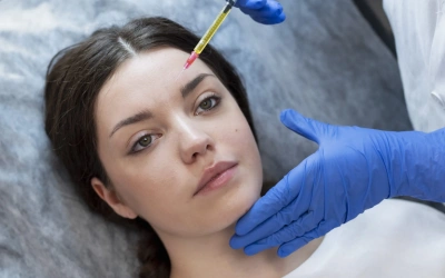 4. Exosome Application Woman lying down while a clinician in blue gloves injects her forehead with a syringe