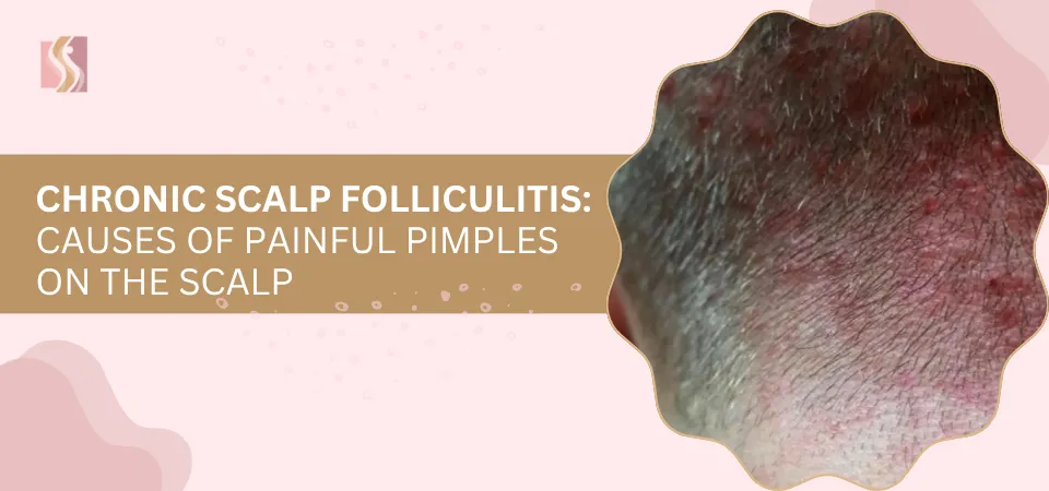 Banner on chronic scalp folliculitis: causes of painful pimples on the scalp with a close-up inflamed scalp on the right.