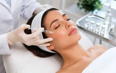 Woman lying with eyes closed as a clinician administers a facial injection to her cheek, gloved hand visible in a clinical spa setting