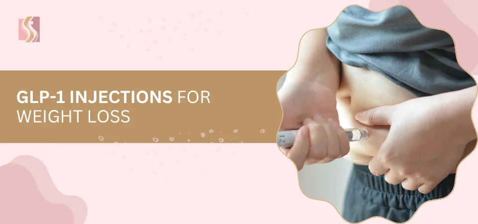 Banner advertising GLP-1 injections for weight loss; a person injects their abdomen with a syringe on a pink and beige background.
