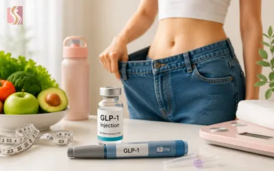 Person pulling loose waistband of jeans to show weight loss, with GLP-1 injection pen, vial, and syringe on a kitchen counter beside healthy foods and a scale.