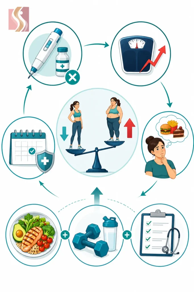 Cycle diagram depicting weight management and healthy habits: meals, exercise, medical checks, and tracking.