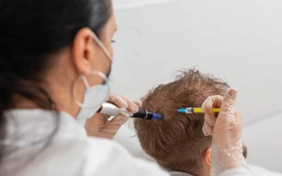 H2 - How Many Exosome Therapy Sessions Are Required Healthcare professional wearing a mask and gloves performing a head-area medical procedure on a patient.