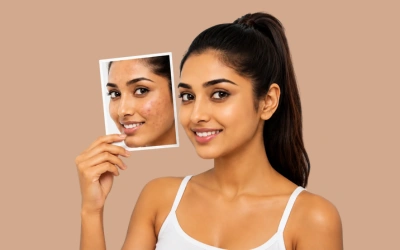 H2 - Is Exosome Therapy Safe for Indian Skin Young woman with a ponytail holding a small photo of her own face, illustrating a before/after comparison.