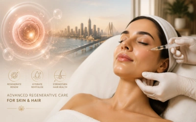 H2 - What Is Exosome Therapy and How Does It Work Woman receiving advanced regenerative facial therapy from a clinician using a handheld wand; a glowing energy effect is visible in the background.
