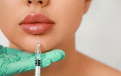 Close-up of a person receiving a lip injection; a syringe is positioned near the lower lip while a gloved hand holds it steady.