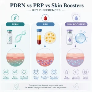 Infographic comparing PDRN, PRP, and Skin Boosters: key differences and intended skin benefits.