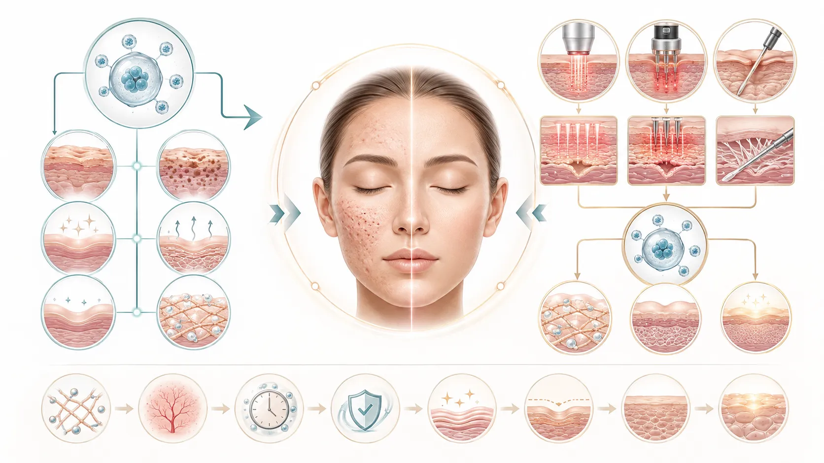 Infographic of acne treatment: left side shows inflamed pores, right side shows procedures and clear skin around a central, half before/after face.