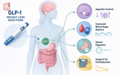 Illustration of a person receiving a GLP-1 injection with arrows showing its effects: appetite control, better blood sugar balance, slower digestion, and fat reduction support.