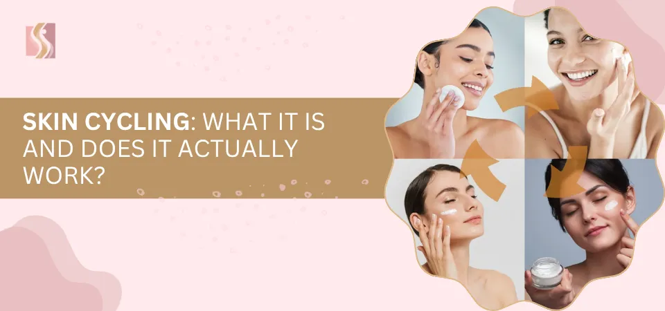 Banner promoting skin cycling with the headline: 'Skin Cycling: What it is and does it actually work?' and a collage of a woman applying skincare with arrows circling between images, on a pink background.