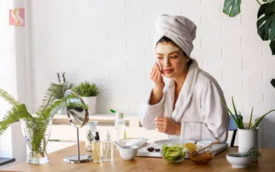 Woman in a bathrobe with a towel on her head applies skincare at a vanity mirror table, surrounded by plants and bowls.