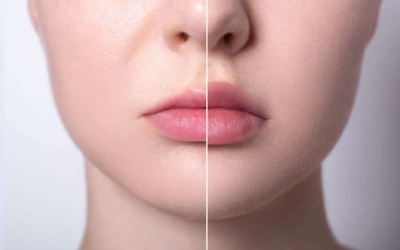 Close-up of a woman's lower face split down the middle showing before (left) and after (right) cosmetic treatment, highlighting lip and skin changes.