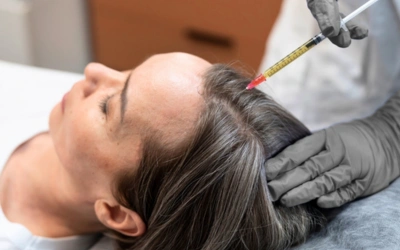 â___Hair Restoration Exosome Therapy Woman lying with eyes closed as a clinician in gloves injects her scalp near the hairline with a syringe.