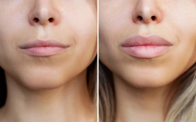 Before and after close-up of lips showing lip enhancement; left with thinner lips, right with fuller lips and a subtle smile.