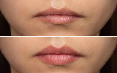 Before-and-after close-up of lips, top natural and bottom enhanced.