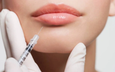 Close-up of a syringe near a woman's lips as a clinician administers lip filler with gloved hands in view.