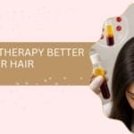 Banner image asking if exosome therapy is better than PRP for hair regrowth, with a split view of a woman's head and lab equipment in the background.