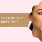 Promotional banner about correcting uneven or lumpy lip fillers, showing a woman receiving an injection.