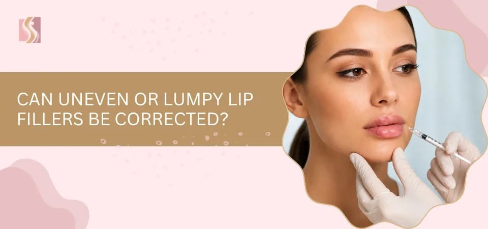Promotional banner about correcting uneven or lumpy lip fillers, showing a woman receiving an injection.